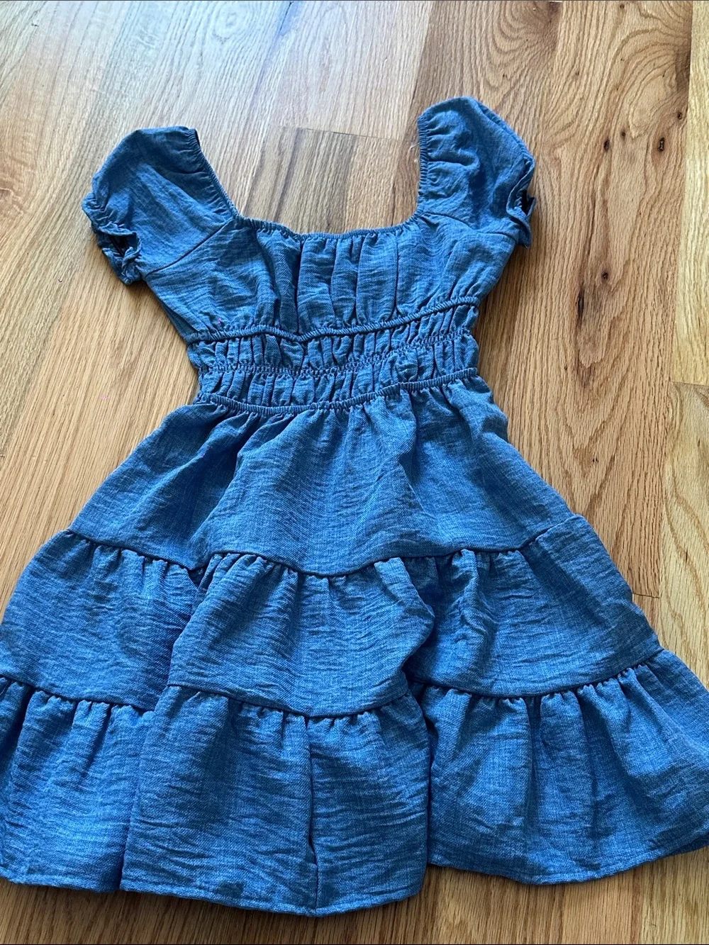 Girls Blue Tiered Smocked Waist Dress with Puff Sleeves